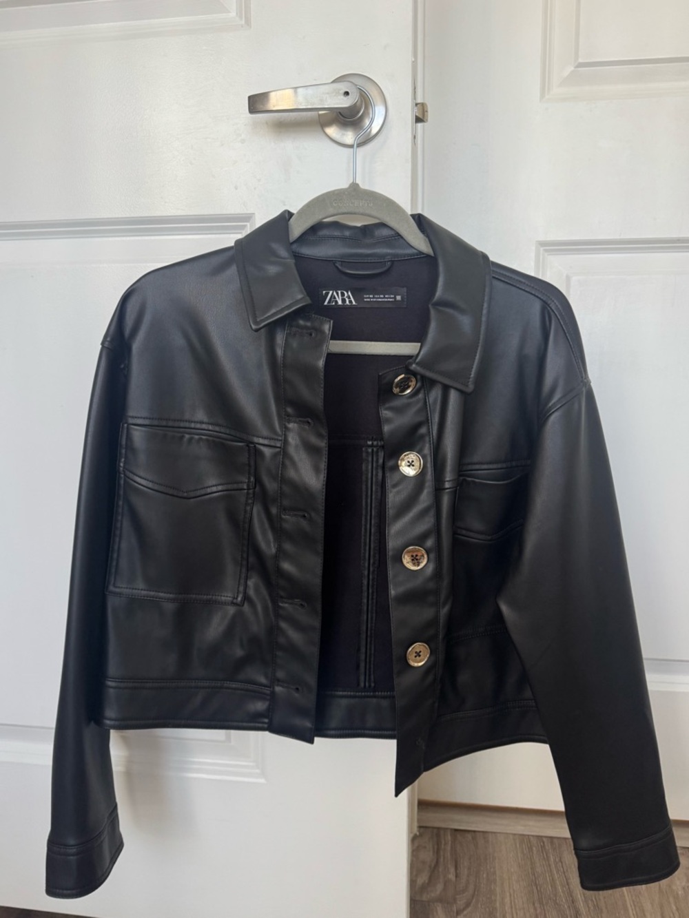 ZARA Black Faux Leather Cropped Button Jacket